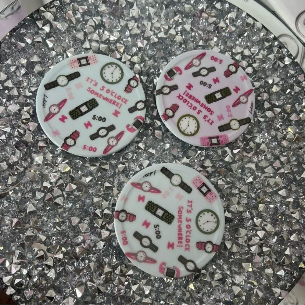 3 coasters it’s 5 o’clock somewhere pink purple blue Fun Clock-Themed drinkware